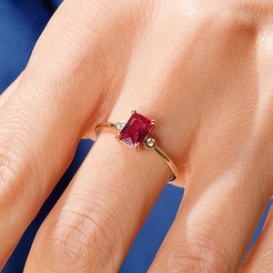 14K Gold Baguette Ruby Ring with Double Diamond, Customizable Ruby Birthstone Ring, Red Summer Gift Ring for Women