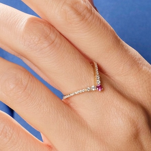 Ruby Chevron Ring Wave Diamond Band V Shape Curved Wedding Band, 14K Gold Tiny Birthstone Moissanite Engagement Ring, Promise Wishbone Ring