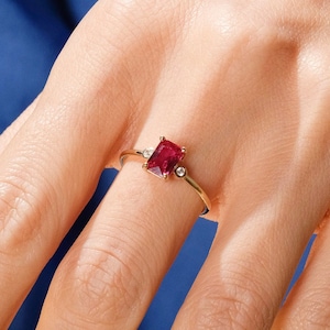 Baguette Ruby Ring Diamond Accents, 14K Gold Customize Birthstone Ring