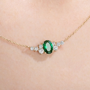 14K Gold Emerald Necklace with Angel Wings Diamond, May Birthstone Necklace Angel Wings Pendant, Oval Green Gemstone Necklace
