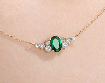 14K Gold Emerald Necklace with Angel Wings Diamond, May Birthstone Necklace Angel Wings Pendant, Oval Green Gemstone Necklace
