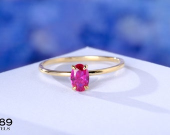 Oval Ruby Ring 14K Solid Gold Birthstone Ring, Red Gemstone Solitaire Rings