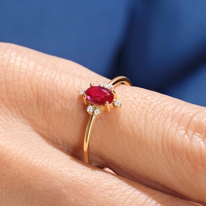 Ruby Engagement Ring 14K Gold Side Diamond Ring, Oval Birthstone Art Deco Wedding Ring Women, Ruby Gemstone Solitaire Promise Ring