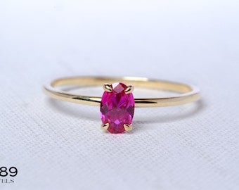 Oval Ruby Ring, 14K Gold Birthstone Solitaire Ring
