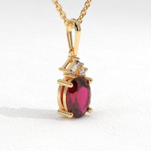Ruby Diamond Pendant Necklace, 14K Gold Oval Birthstone Moissanite Charm Necklace
