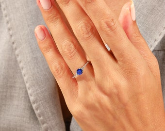 Round Sapphire Ring, Diamond 14K Solid White Gold Band Birthstone Rings