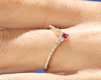 Chevron Ruby Ring, 14K Solid Gold V Diamond Band, Tiny Birthstone Curved Wishbone Rings