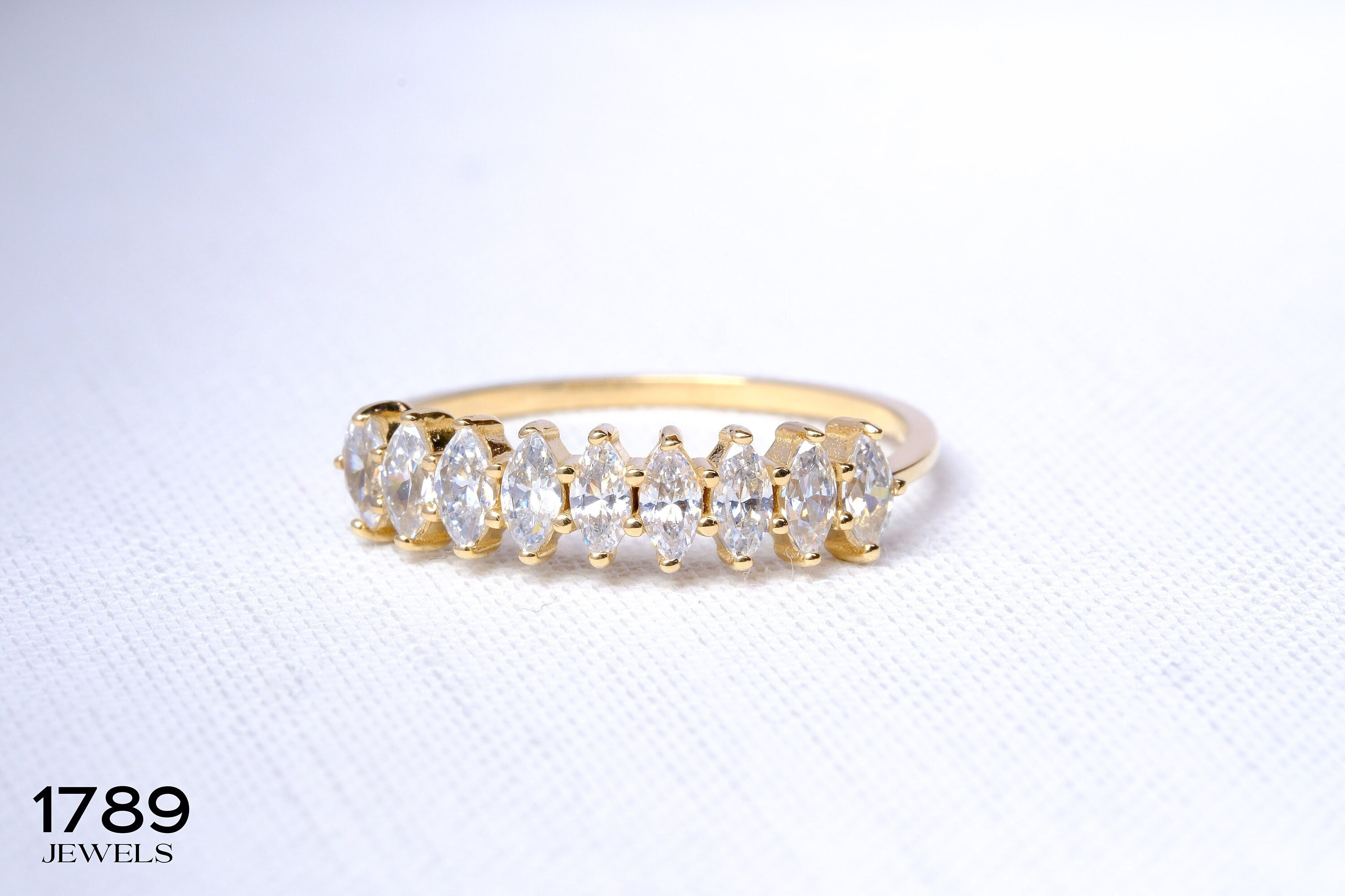 Marquise Cut Diamond Ring 14K Gold Half Eternity Engagement Ring, Nine Marquise Diamond Wedding Band, Marquise Shape Diamond Promise Ring