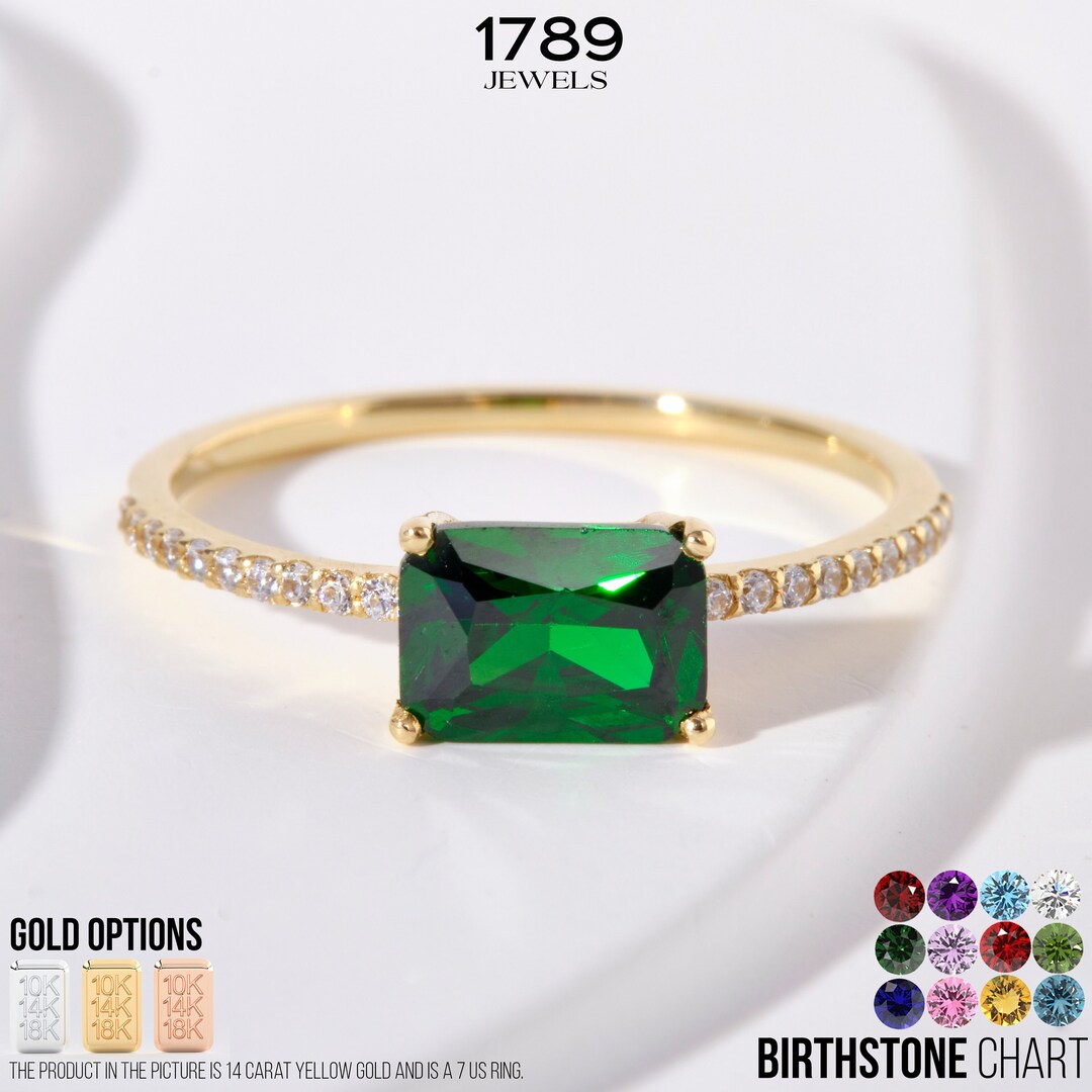 Emerald Cut Emerald Engagement Ring 14K Solid Gold Side Diamond Band ...