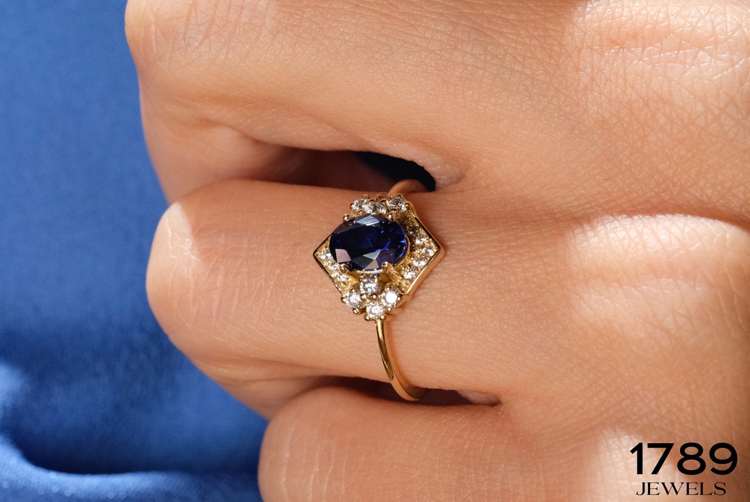 Sapphire Engagement Ring Gold 14K Solid Gold Rings for Women Etsy