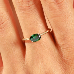 14K Gold Oval Emerald Ring, Birthstone Ring Full Eternity Twisted Band
