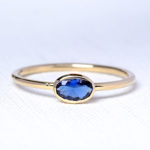 Sapphire Bezel Ring 14K Solid Gold Stackable Ring, Oval Birthstone Ring Single Stone Birthday Ring Gift, Customizable Blue Gemstone Ring Her