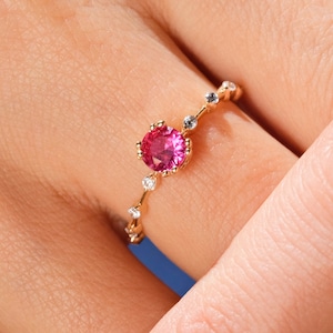 Ruby Art Deco Wedding Ring 14K Solid Gold Side Diamond Band, Ruby Birthstone Promise Ring for Women, Red Gemstone Engagement Ring