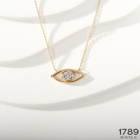 14K Solid Gold Evil Eye Diamond Necklace, Moissanite Eye Pendant Dainty Tiny Bezel Set Necklaces