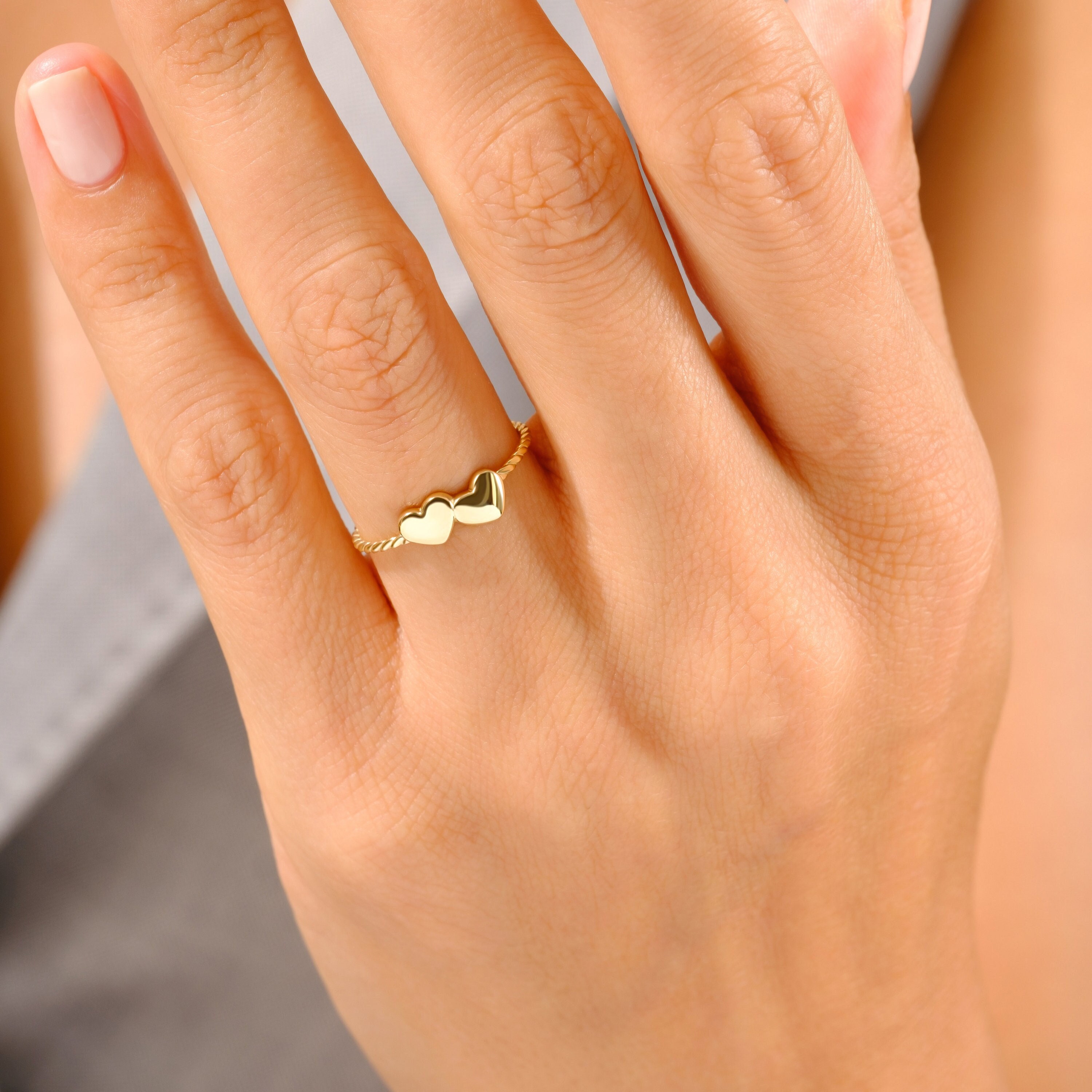 Gold Double Heart Stacking Ring, Cute Twisted Full Eternity Stackable Band, Heart Shaped Valentin Ring Gifted, Everyday Stacked Ring Women