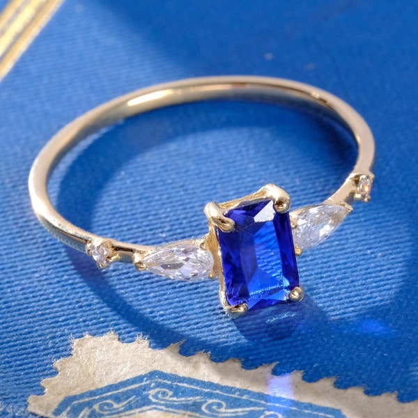 Baguette Sapphire Birthstone Pear Diamond Ring, Custom Blue Gemstone Teardrop Moissanite Ring Her, Personalized 10K 14K 18K Gold Cz Ring