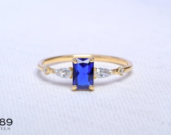 14K Solid Gold Blue Sapphire Engagement Ring, Mothers Birthstone Ring, Emerald Cut Ring, Personalized Handmade Jewelry, Wedding Gift for Her