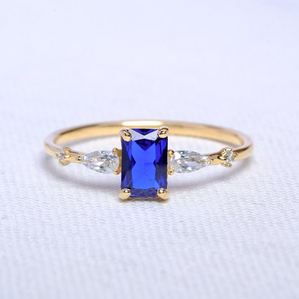 14K Solid Gold Blue Sapphire Engagement Ring, Mothers Birthstone Ring, Emerald Cut Ring, Personalized Handmade Jewelry, Wedding Gift for Her