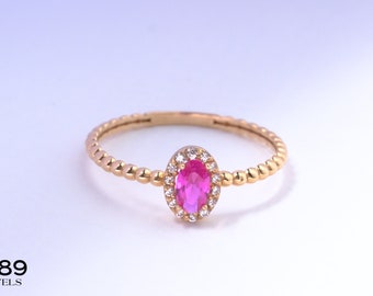 Ruby Engagement Ring, 14K Gold Halo Diamond Red Art Deco Wedding Rings Bubble Ball Band, Oval Birthstone Rings for Women