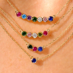 Family Birthstone Necklace for Mom, 14K Solid Gold Custom Birth Stone Necklace, Bezel Set Multiple Gemstone Necklace for Mother