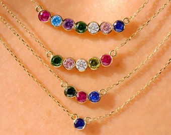Family Birthstone Necklace for Mom, 14K Solid Gold Custom Birth Stone Necklace, Bezel Set Multiple Gemstone Necklace for Mother