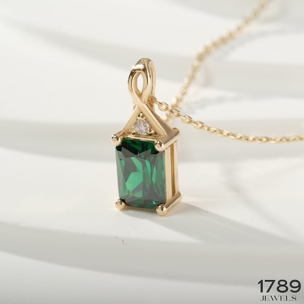 Emerald Necklace Real Gold for Women, 14K Solid Gold Emerald Cut Green Birthstone Pendant, Handmade Jewelry, Gemstone Engagement Necklace