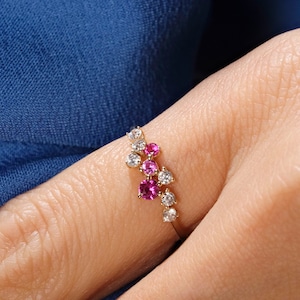 Cluster Ruby Ring with Diamond Wedding Ring 14K Gold Band, Cluster Mini Birthstone Moissanite Band Ring, Red Gemstone Multi Stone Ring Women