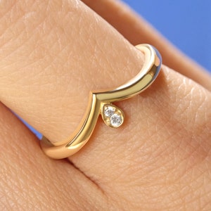 V Shape Ring Round Diamond V Engagement Ring, Double Moissanite Curved Wedding Ring for Her, 14K Gold Bezel Diamond Wishbone Ring