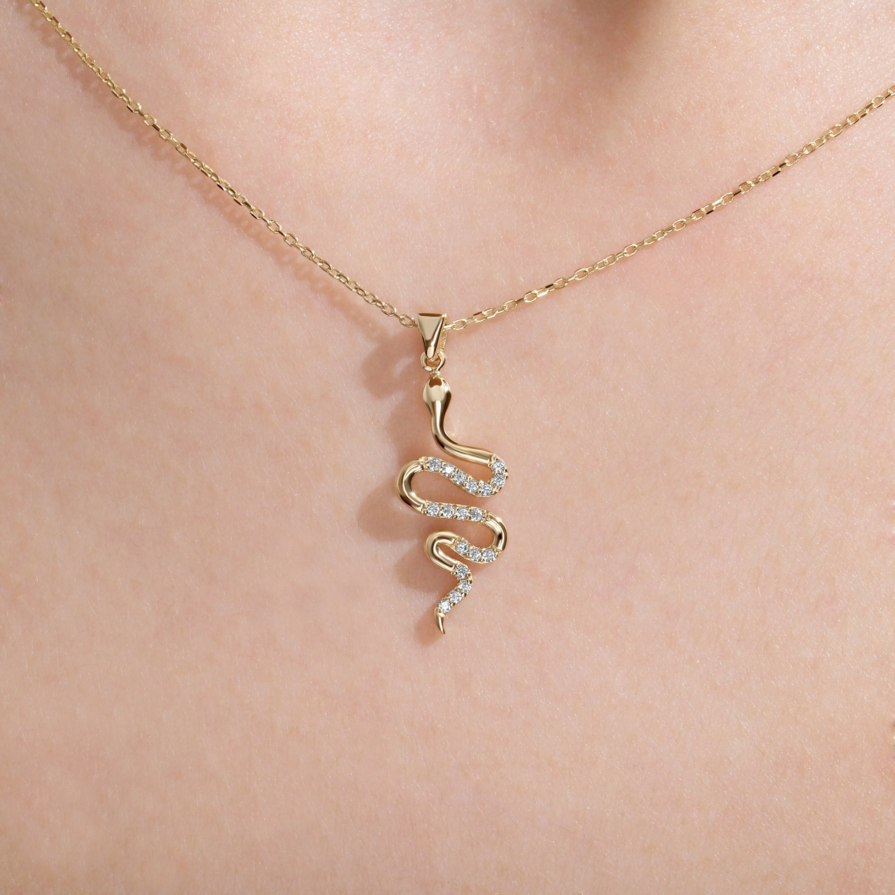 Diamond Snake Necklace, 14K Solid Gold Serpent Pendant, Minimalist 