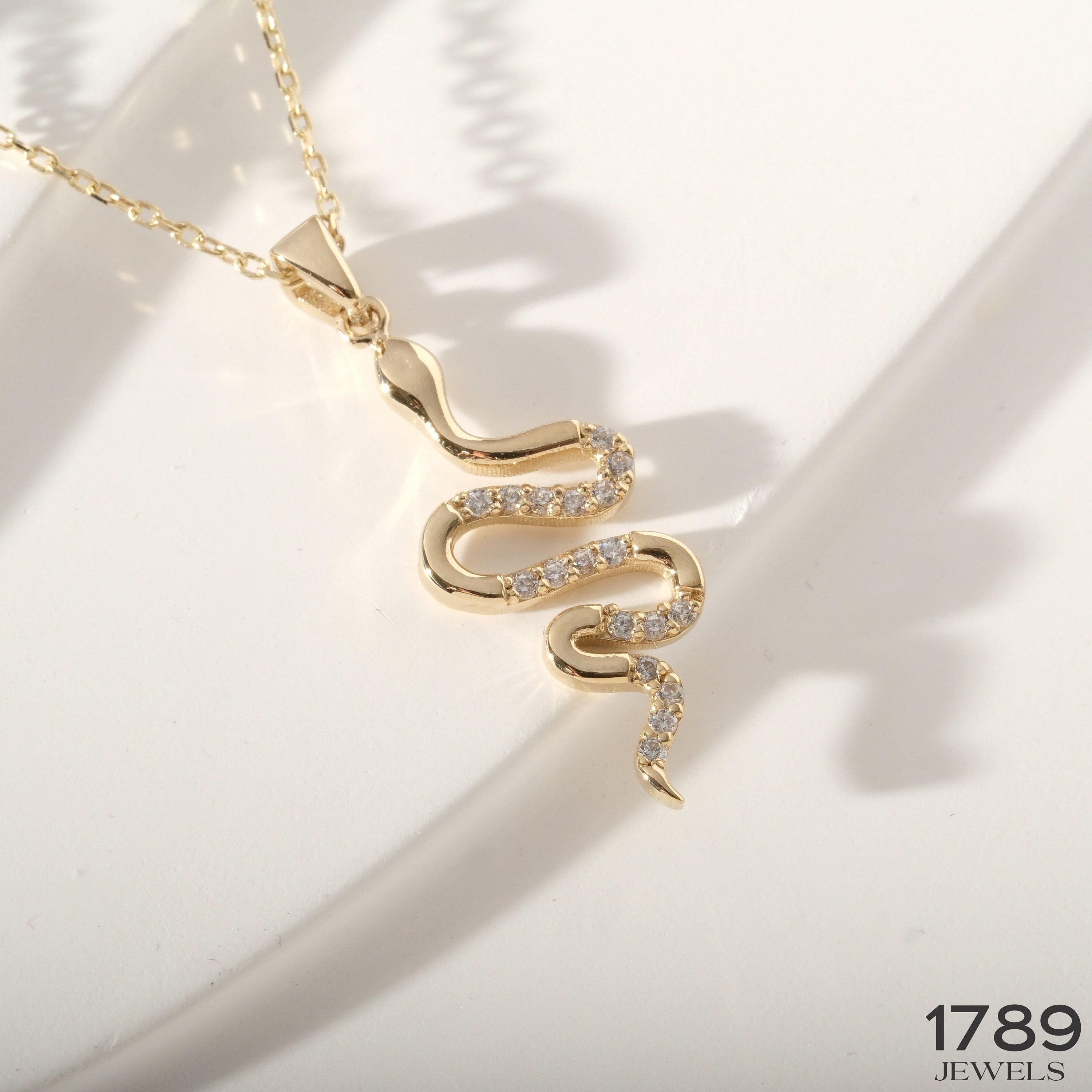 Diamond Snake Necklace, 14K Solid Gold Serpent Pendant, Minimalist 