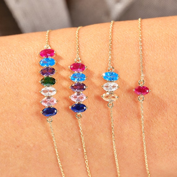 Family Birthstone Bracelet: 14K Gold Chain with Personalized Oval Multi Birth Stone Bracelets