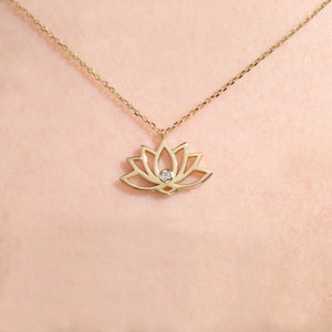 Lotus Flower Diamond Pendant Necklace with 14K Solid Gold Women, Floral Yoga Jewelry Pendant Moissanite, Minimalistic Bridesmaid Necklace