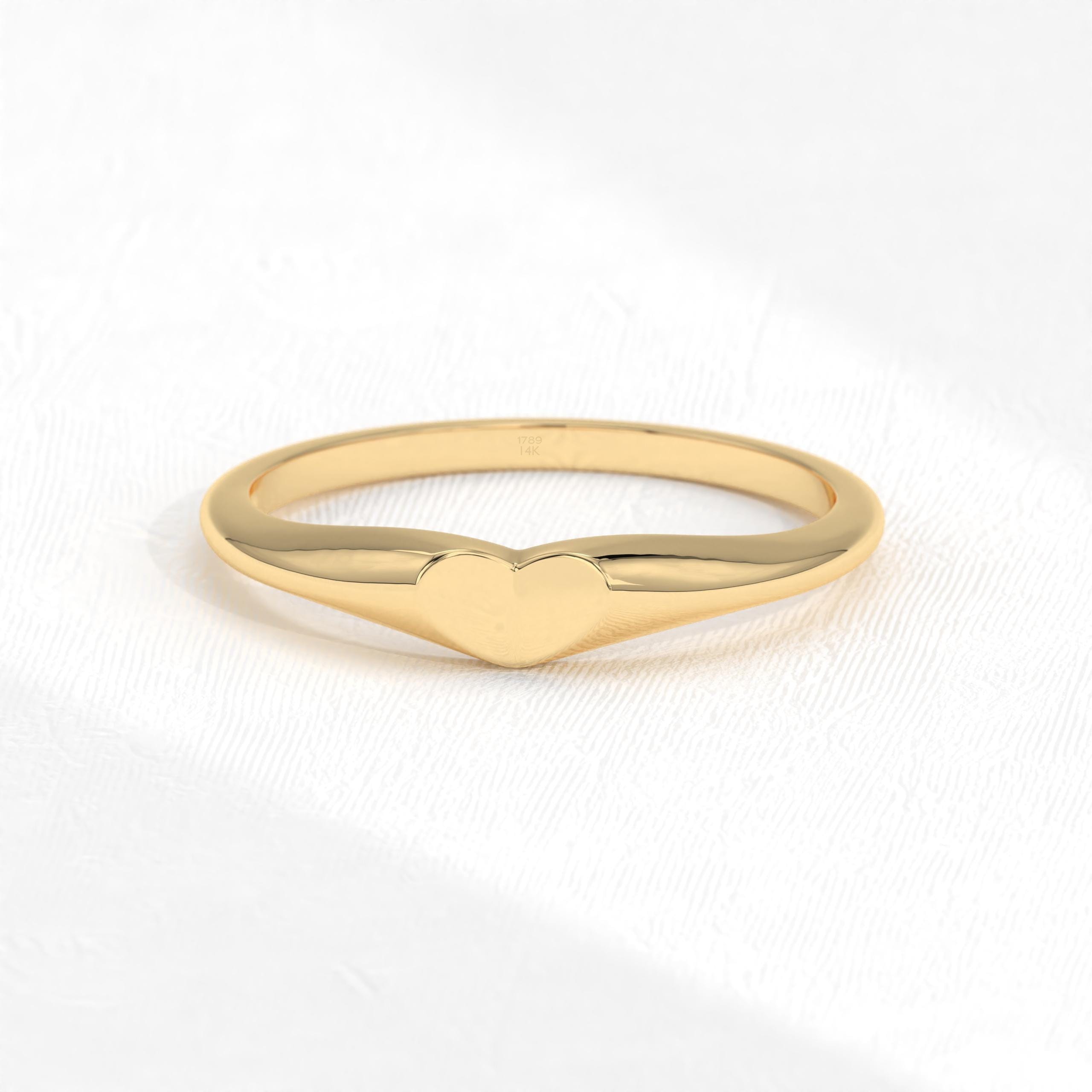 Dazzling 14k Yellow Gold Love Heart Signet Ring – Solid Heart Shaped, Simple & Delicate Design