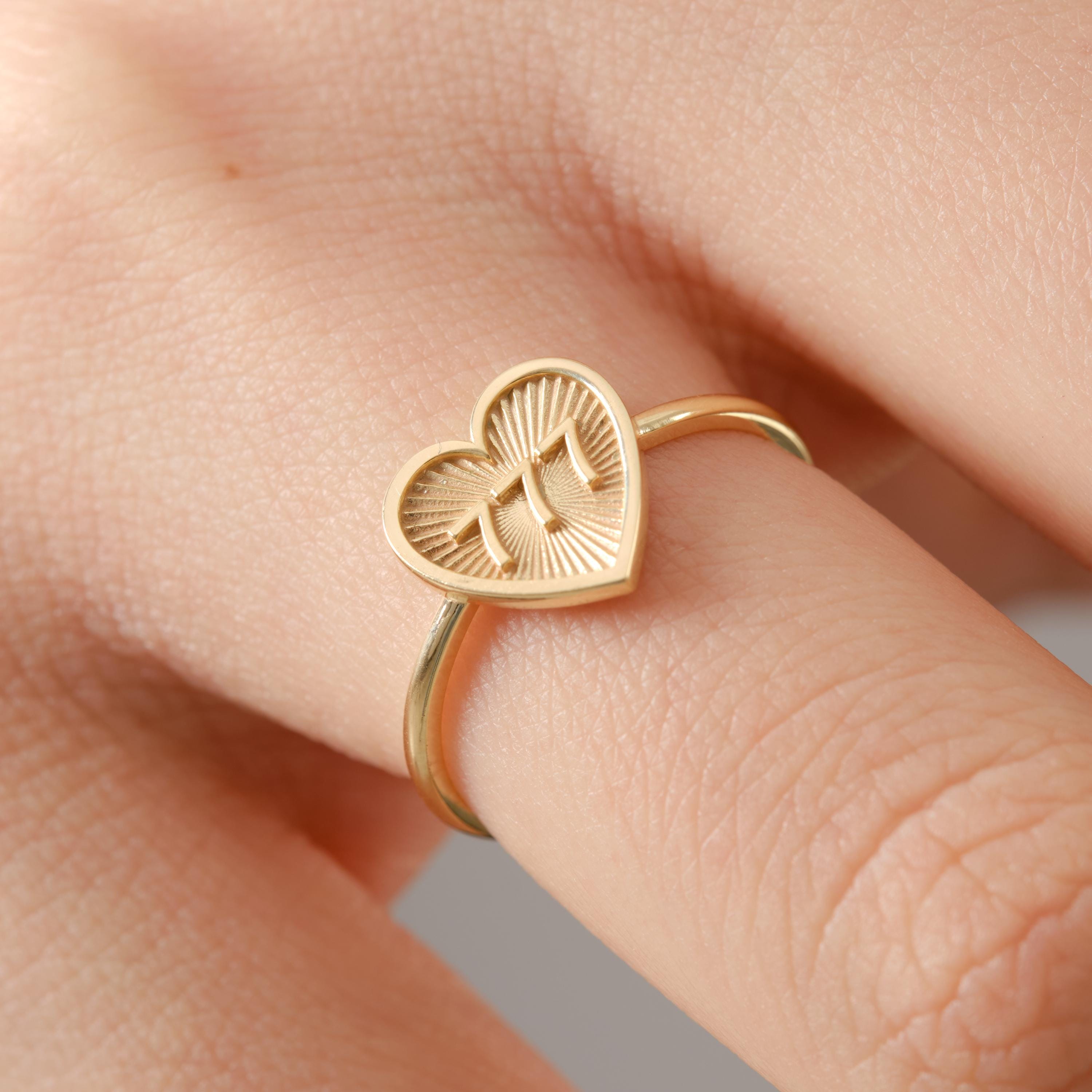 Personalized Angel Number Ring, 14K Solid Gold Heart Shape Signet 777 Rings