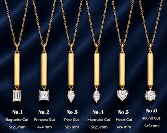 Baguette Cut Diamond Bar Necklace, 14K Gold Heart Cut Moissanite Charm Pendant