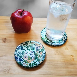 Coaster Sets or Singles. 4" Round Ceramic Tile, Fluid Art Mug Rugs in Green, Orange, Blue, White Finished with Heat Resistant Resin and Cork