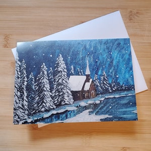 Cartes de voeux de Noël vierges Une seule ou lot de 3 ou 6. Église sur un lac gelé. Beau jeu de cartes de scène d'hiver de 7 x 5 pouces pour toutes les occasions.