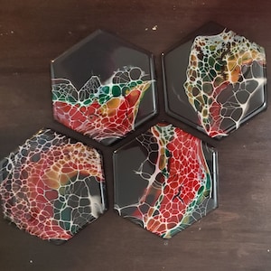 Fluid Art Coaster Set or Single Mug Rug | Red, Green, Black, Gold, White on Hexagon Porcelain Tile | Made to Order Custom