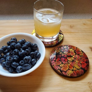 Round Coaster Set or Single Fluid Art Drinkware, Paint Pour Drink Mat in Red, Gold, Black, White, Hexagon Porcelain Tile
