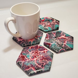 Single Coaster or Set, Handmade Drink Mat, Bar Accessories. Finished with Resin and Cork Backing. Housewarming Gift Made to Order