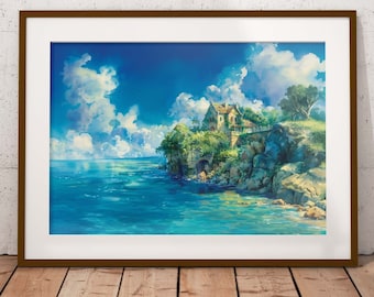 Spirited Away Watercolor Print: Cozy Ocean View, Ghibli Inspired (Digital Download)