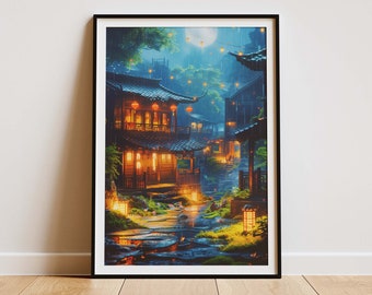Lantern Village Studio Ghibli Inspired, Raining Scenery, Digital Painting Anime Poster, Sekiro, Art Print for Home Decor, Digital Download