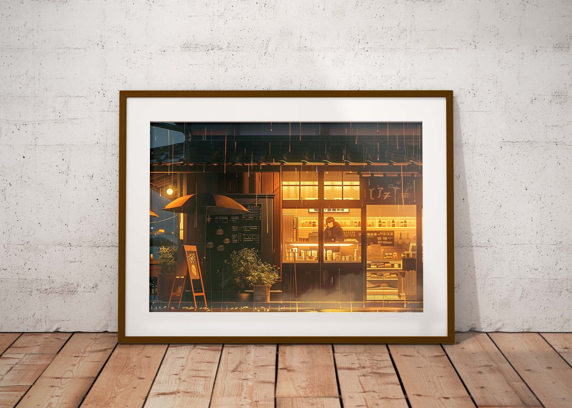 Cozy Rainy Outdoor Café Art Print Warm Toned - Spirited Away Studio Ghibli Film Inspired Landscape Digital Painting Poster for Home Decor