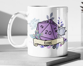 Dungeons and Dragons cleric mug, Dnd floral mug, Dnd coffee mug, Dnd cup, Roleplaying mug, Dnd gifts, Dnd dice, Purple dice