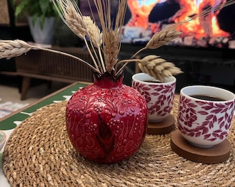Ceramic Pomegranate Vase Ornament with  tulip, Handmade Pomegranate, Home Decor