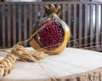 Nature&#39;s Bounty : Hand-Shaped Ceramic Pomegranate with Glass Seeds