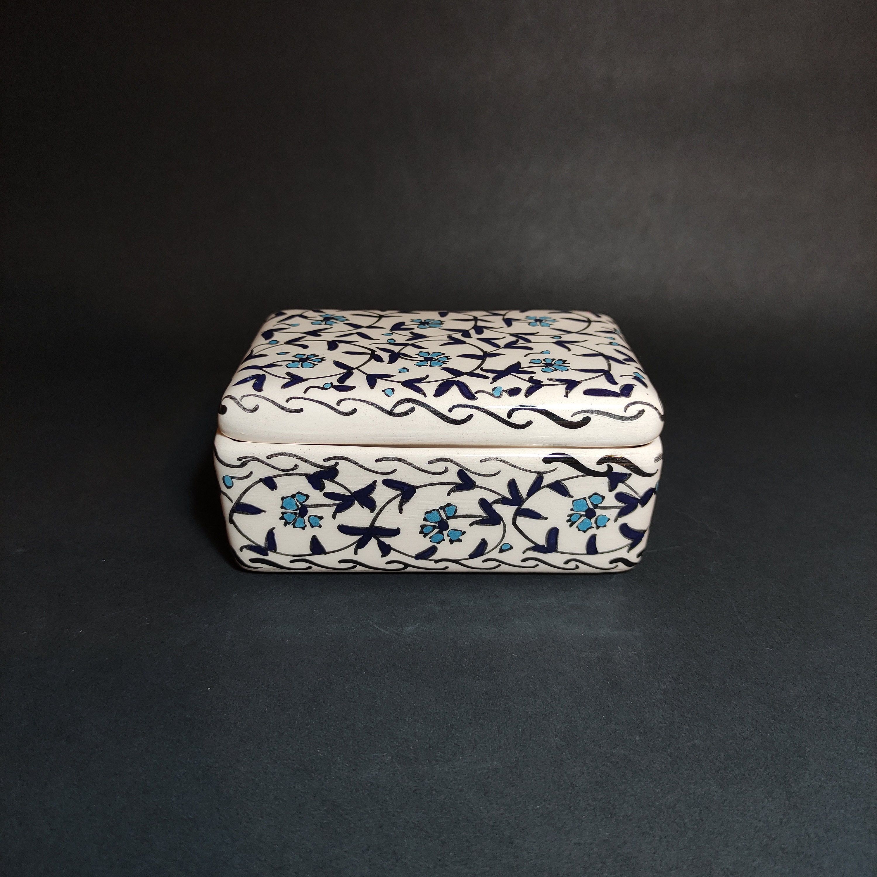 Ceramic Rectangle Box with  blue flower, traditional pattern, Handmade, Turkish, Home Decor