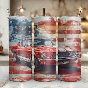 May include: Three stainless steel tumblers with a red, white, and blue American flag design. Each tumbler features a red Ford Mustang with white racing stripes.