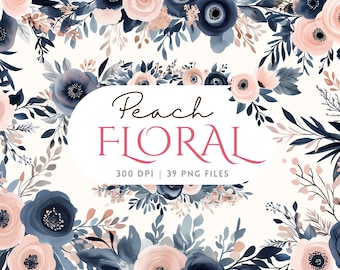Peach Floral Watercolor Clipart: 39 PNG Elements (Digital Download)