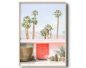 Mid-century Modern House | Palm Springs Modernism | Retro California Art Print | Palm Trees | California Decor | Pink Vintage Palm Springs